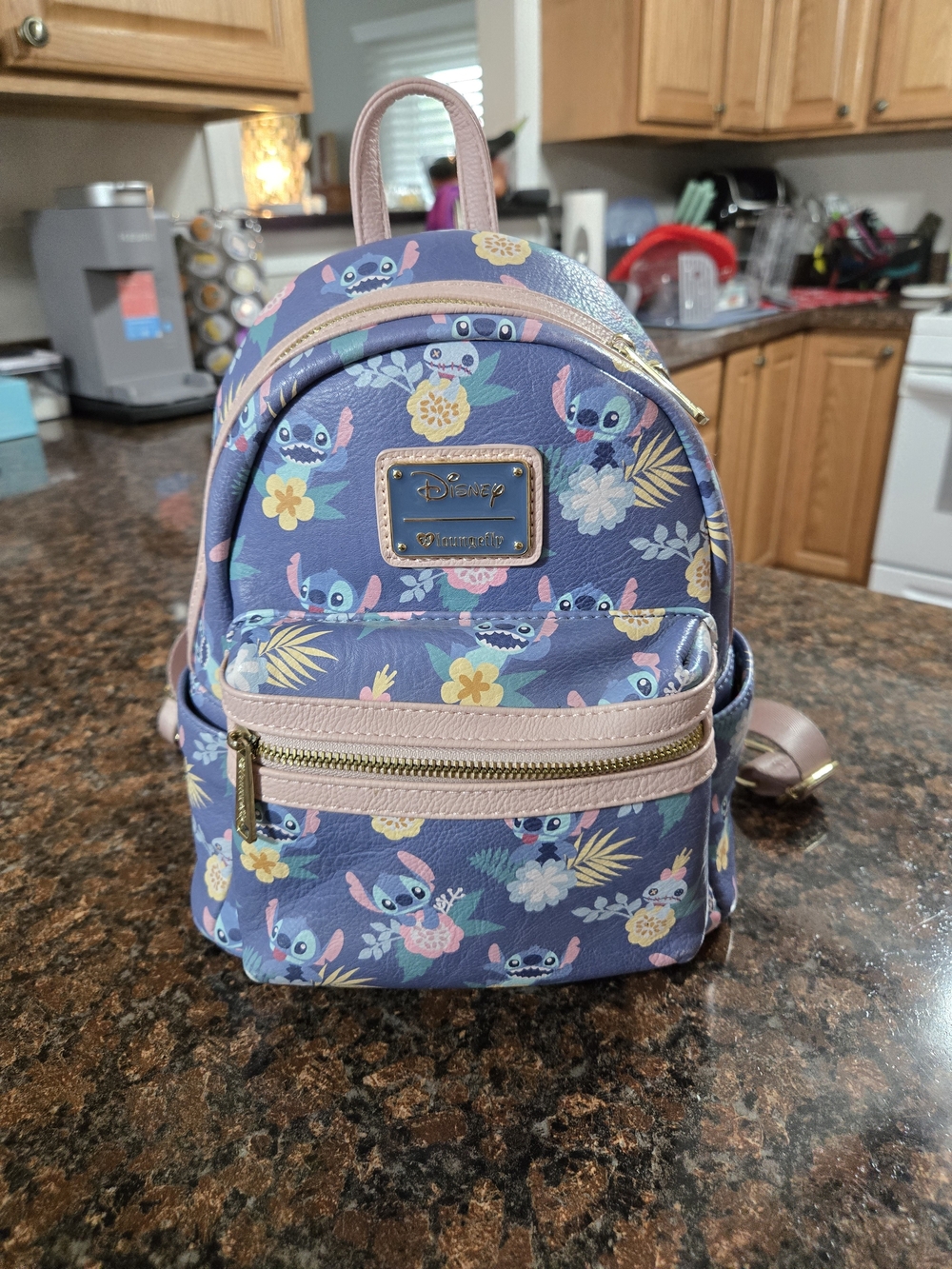 Loungefly Purple Stitch Floral Mini Backpack with Pink Trim